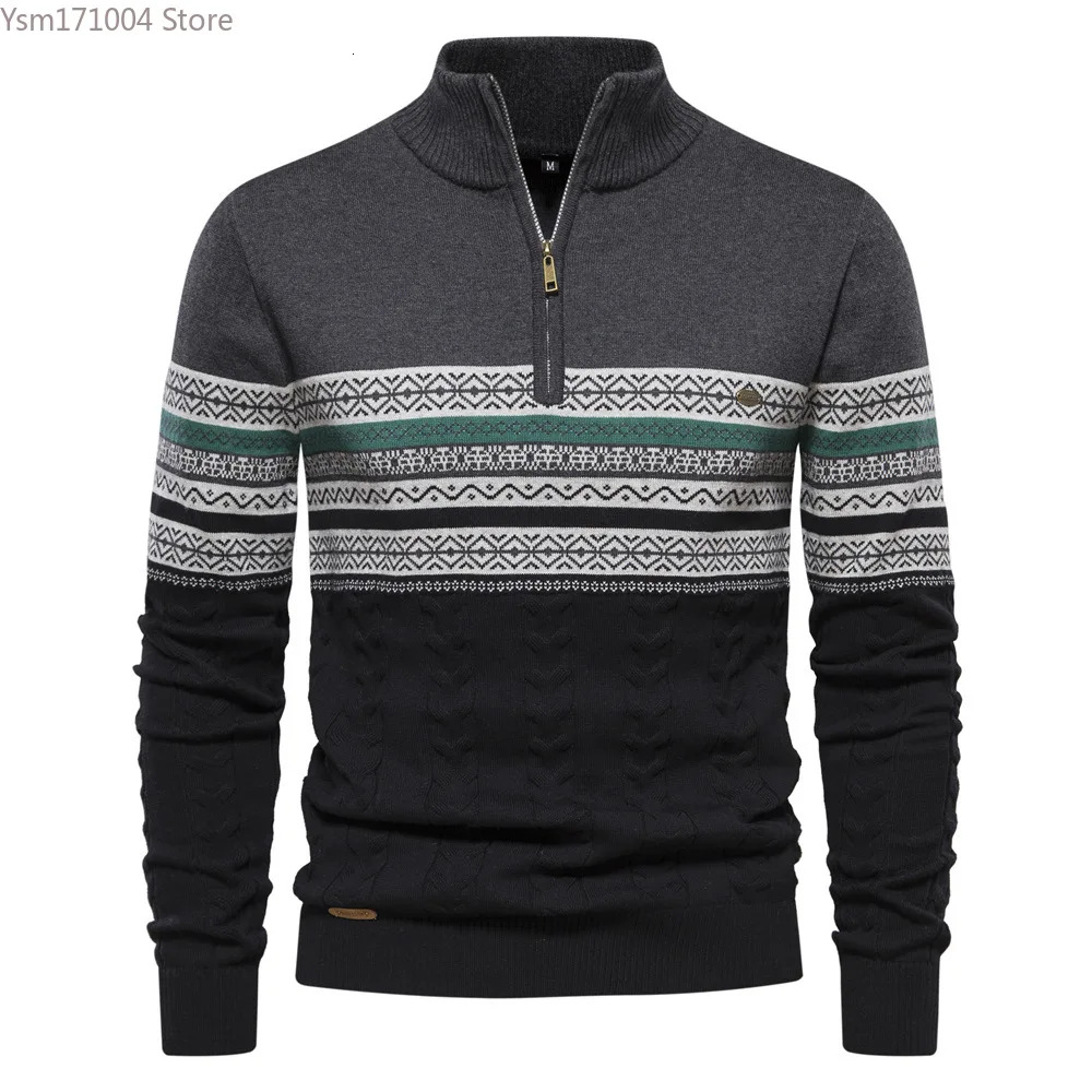 Men's Half Neck High Elastic Tight And Warm Knitted Pullover Casual Fashion Street Striped Sweater Men Clothing