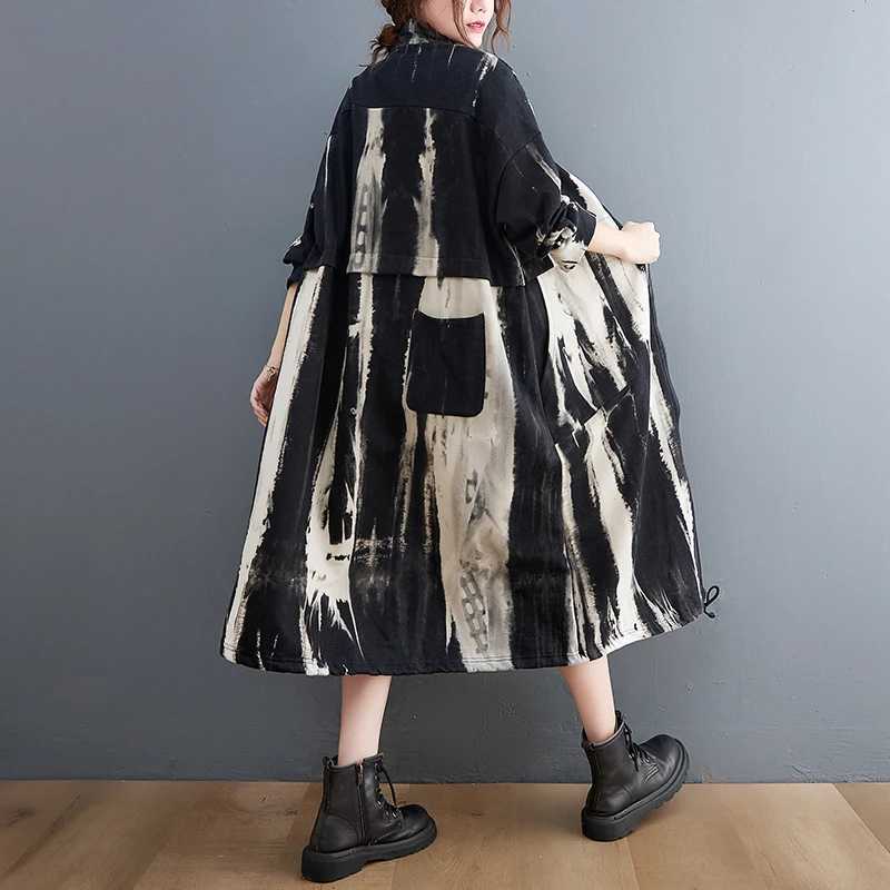 #3707 Tie Dye Printed Trench Coat Women Loose Stand Collar Windbreaker Coat Ladies Pockets Vintage Long Trenchcoat Female ZipperX240921