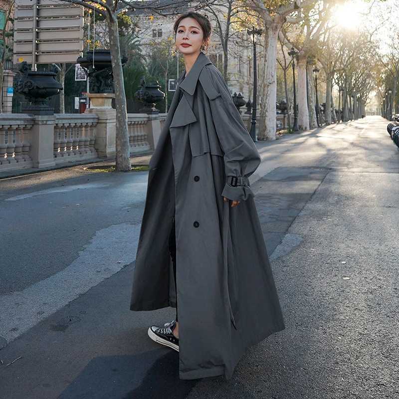 Korean Style Loose Oversized X-Long Womens Trench Coat Double-Breasted Belted Lady Cloak Windbreaker Spring Fall Outerwear GreyX240921