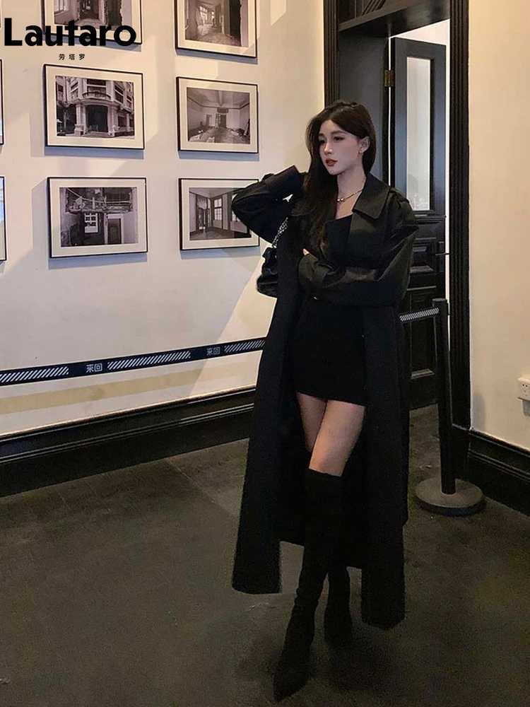 Lautaro Spring Autumn Long Black Hard Waterproof Trench Coat for Women Belt Double Breasted High Quality Luxury Overcoat 2024X240921