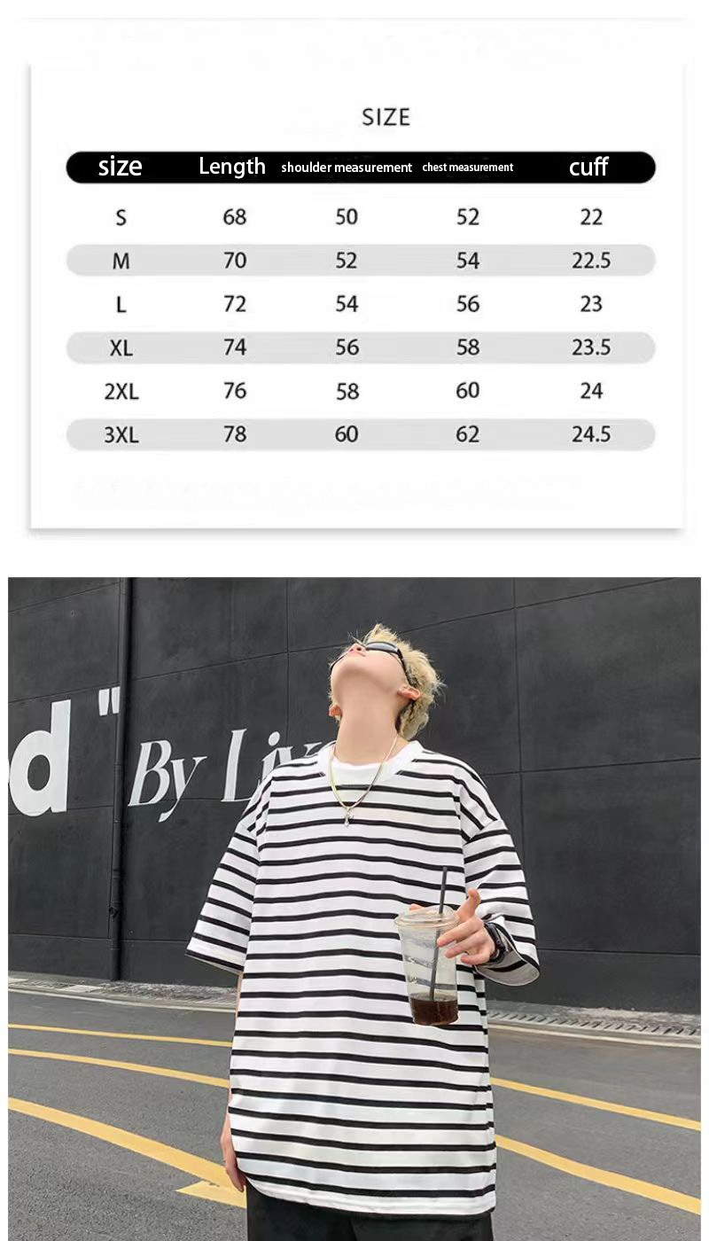 Striped short-sleeved boys' summer American retro high street tide brand loose casual round neck five-point sleeve top