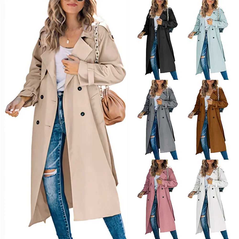 Womens Windbreaker Coat Fashion Long Pocket Lapel Button Windbreaker British Style Over The Knee Long Coat Office Commuter WearX240921