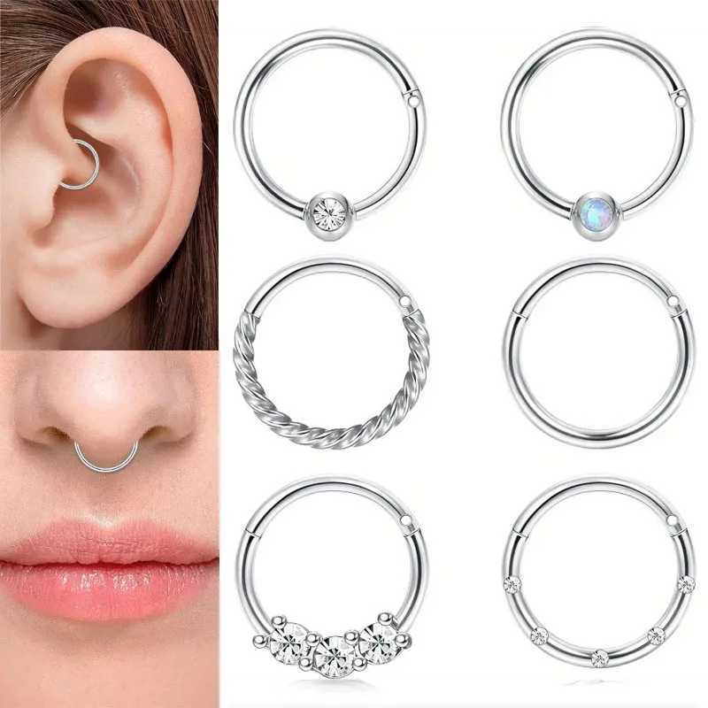 1/6pcs Stainless Steel Septum Nose Rings Hoops CZ Hinged Clicker Nose Ring Lip Piercing Cartilage Hoop Earrings Jewelry Set Y240921