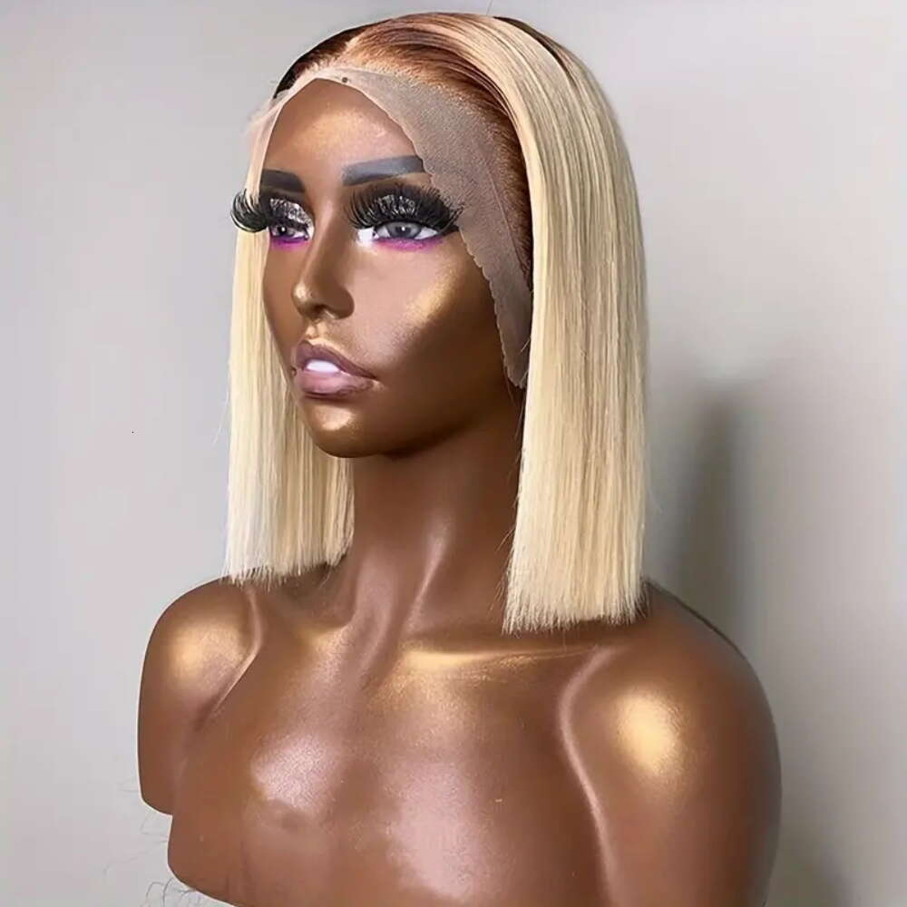 Ombre 13x4 Front Human Hair Wigs Dark Root #4/613 Honey Blonde Colored Short Bob Lace Frontal Wig Clearance Sale
