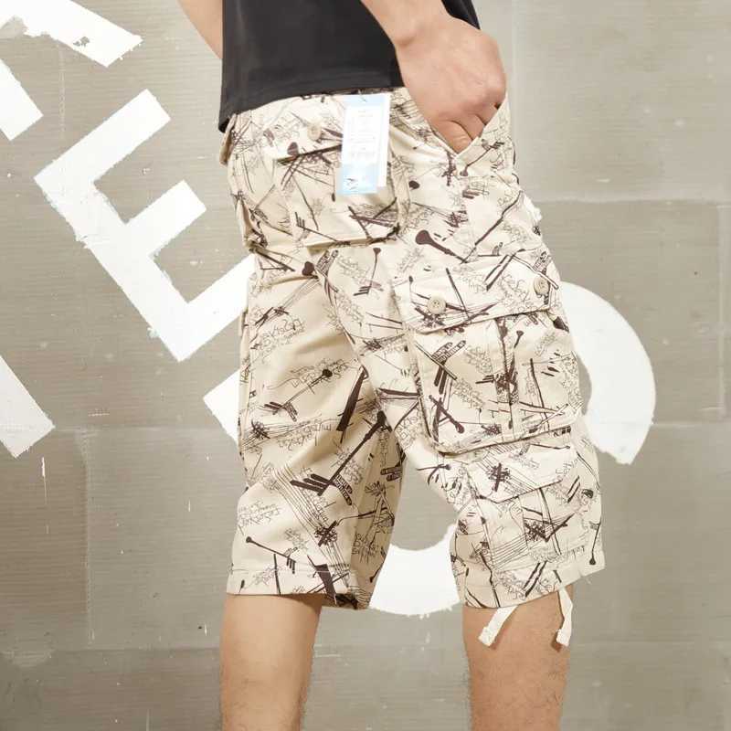 Brand Mens Long Cargo Shorts Camo Print Cotton Casual Baggy Multi-Pocket Tactical Pants OverallsX240921