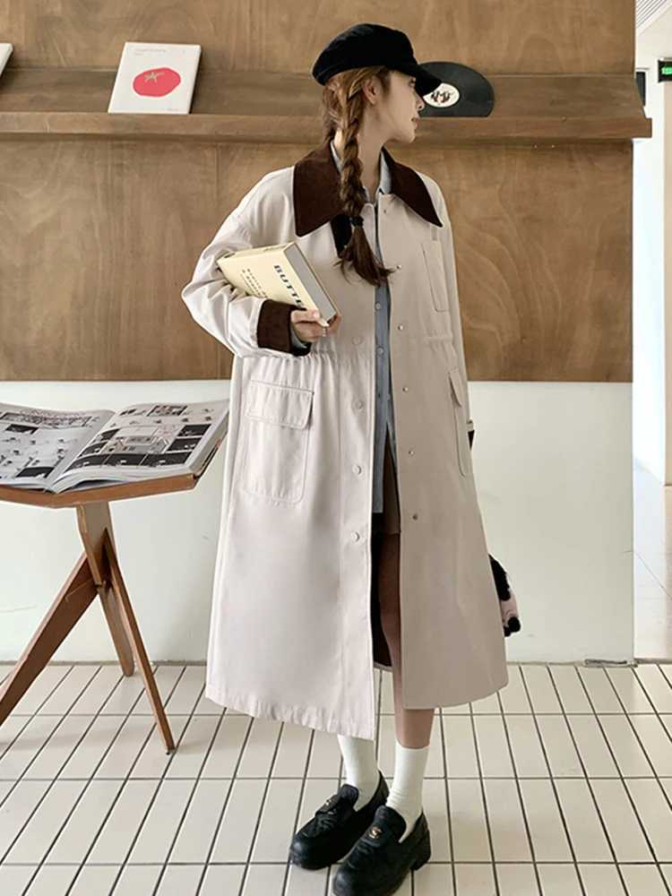 LANMREM Korean Block Color Trench Womens Lapel Single Breasted Drawstring Gathered Wasit Coats 2024 Autumn New Clothing 2Z2860X240921
