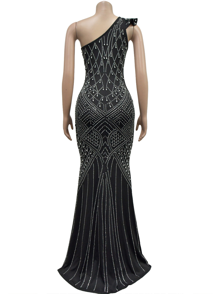Elegant Single Shoulder Pearls Rhie Maxi Long One-Piece Gown Sequins Woman Party Dress Night Clubwear