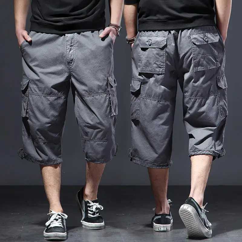 Summer Military Long Length Cargo Shorts Men Casual Cotton Multi Pocket Hot Breeches Tactical Army Capri Pants Cropped TrousersX240921