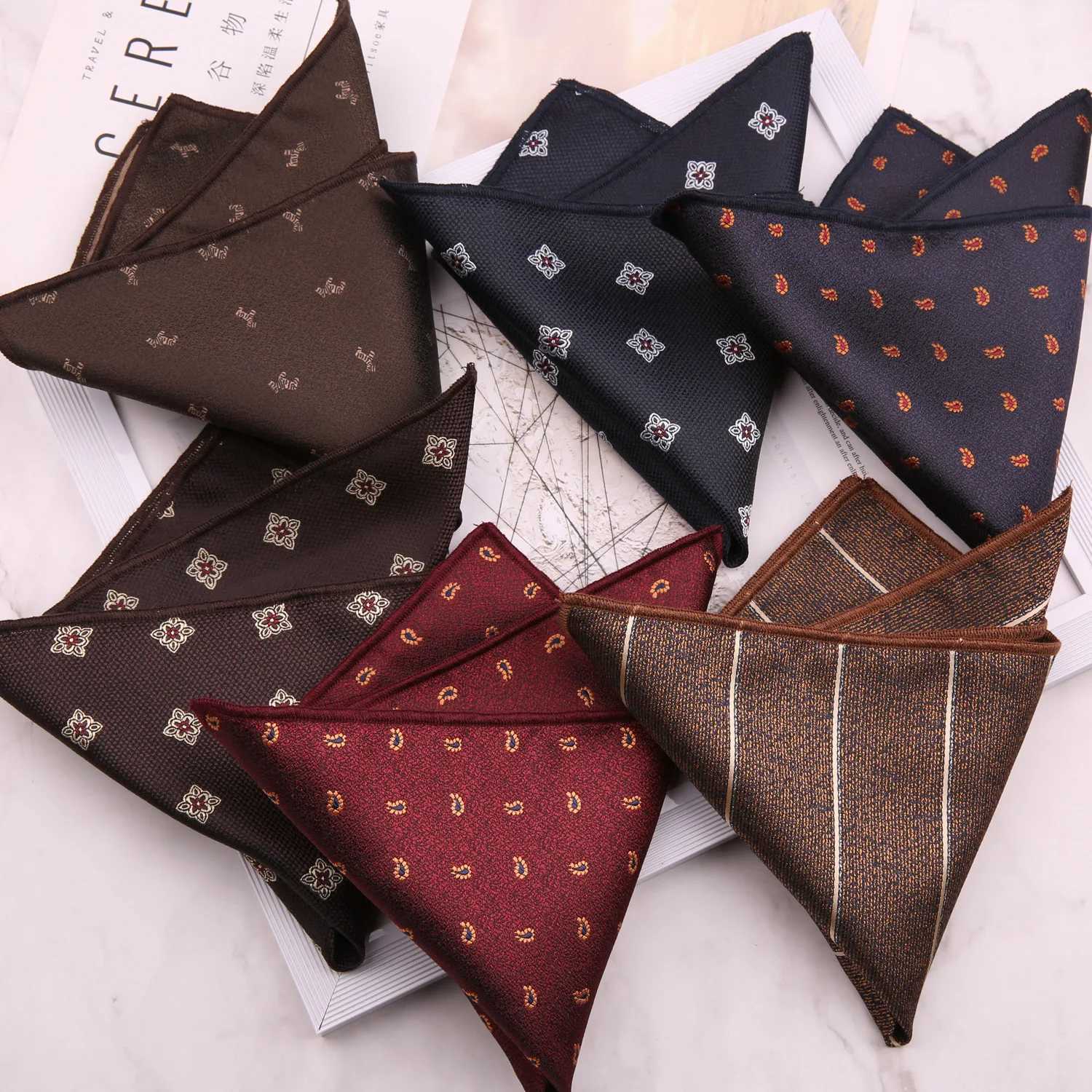 Brown Color Pocket Square For Men Adult Striped Paisley Floral Handkerchief Formal Dress Suit Accessory Navy Solid Hanky CravatX240921