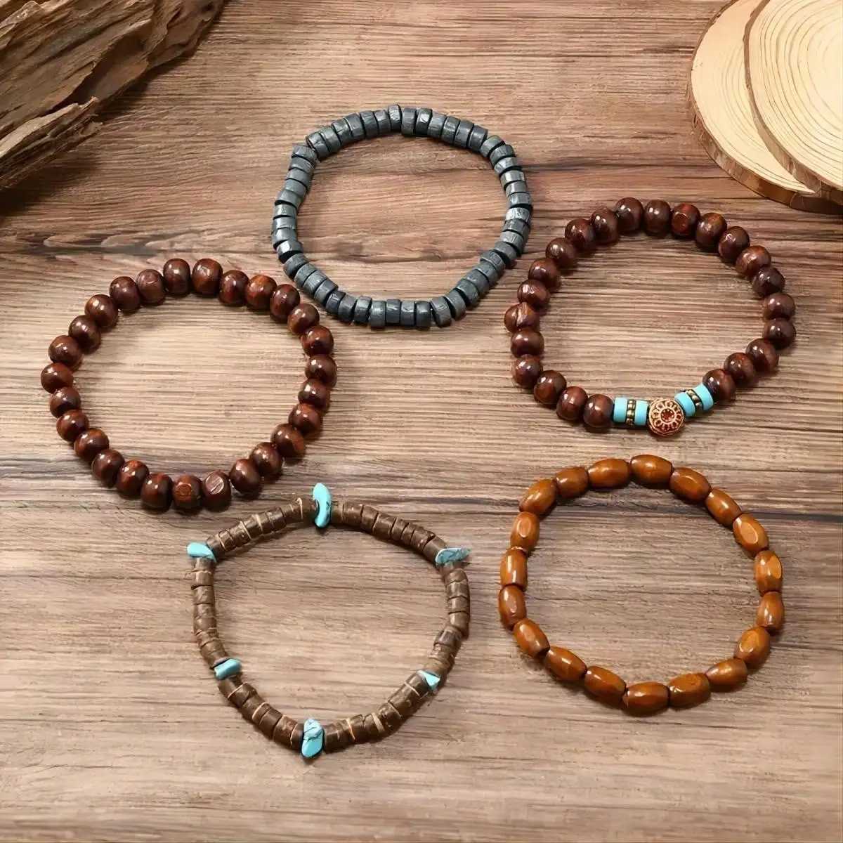 5pcs/set Natural Stone Wood Beads Beaded Bracelet Mens Chinese Style Charm BraceletX240921