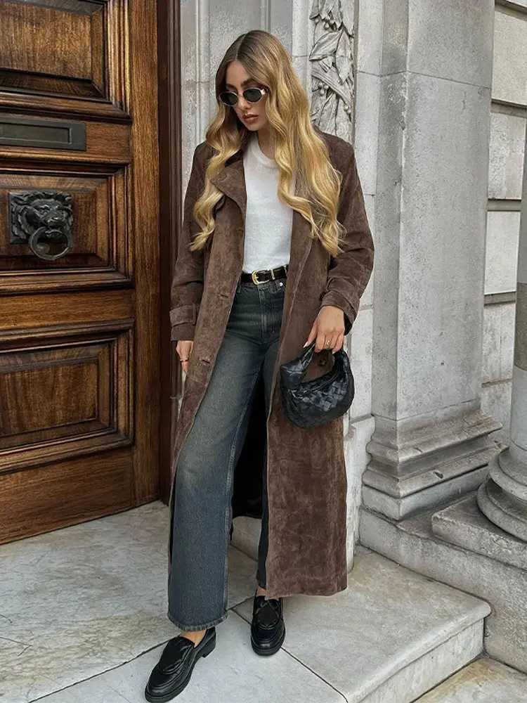 Womens Brown Collar Long Coat with Belt 2024 Autumn Retro Full Sleeve Oversized Coat Womens High Street Coat Trench W240921