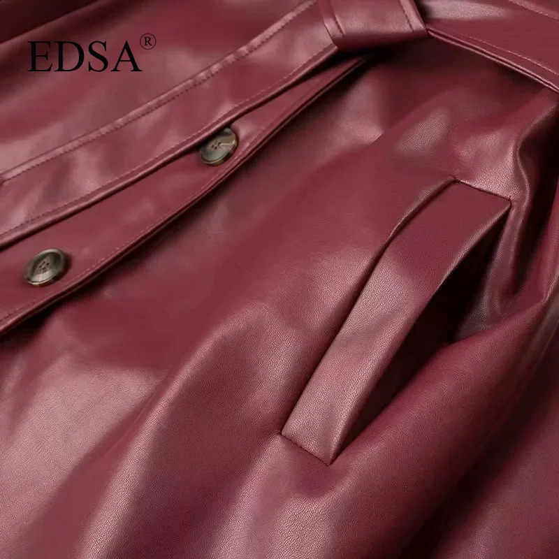 EDSA Women Faux Leather Jacket Coat with Belt for Autumn Winter Loose Long Windbreaker Trench Vintage Outerwear 240918