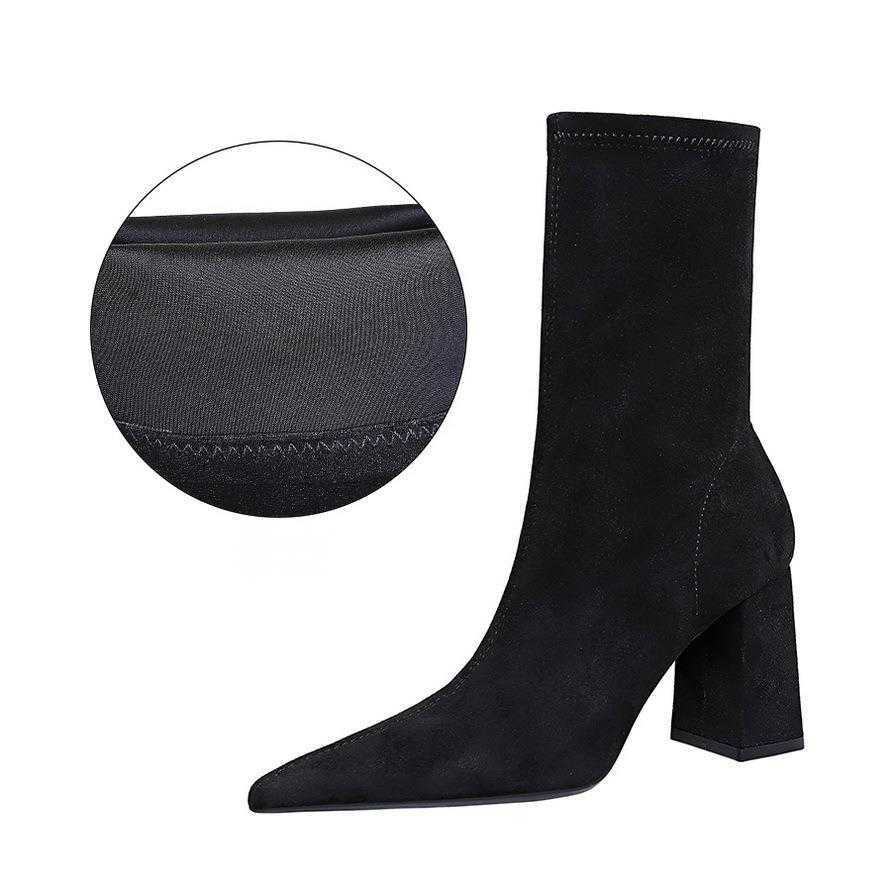 CMM Fashion Simple Versatile Thick Heel High Heel Suede Pointed Head Sexy Nightclub Slim Short Boots