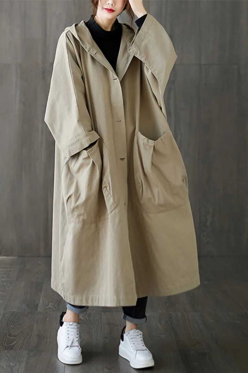 Woman Long Coat Fashion Korean Windbreaker Big Size Ladies Trench 2021 Autumn Hooded Loose Pockets Cardigan Women Long CoatX240921