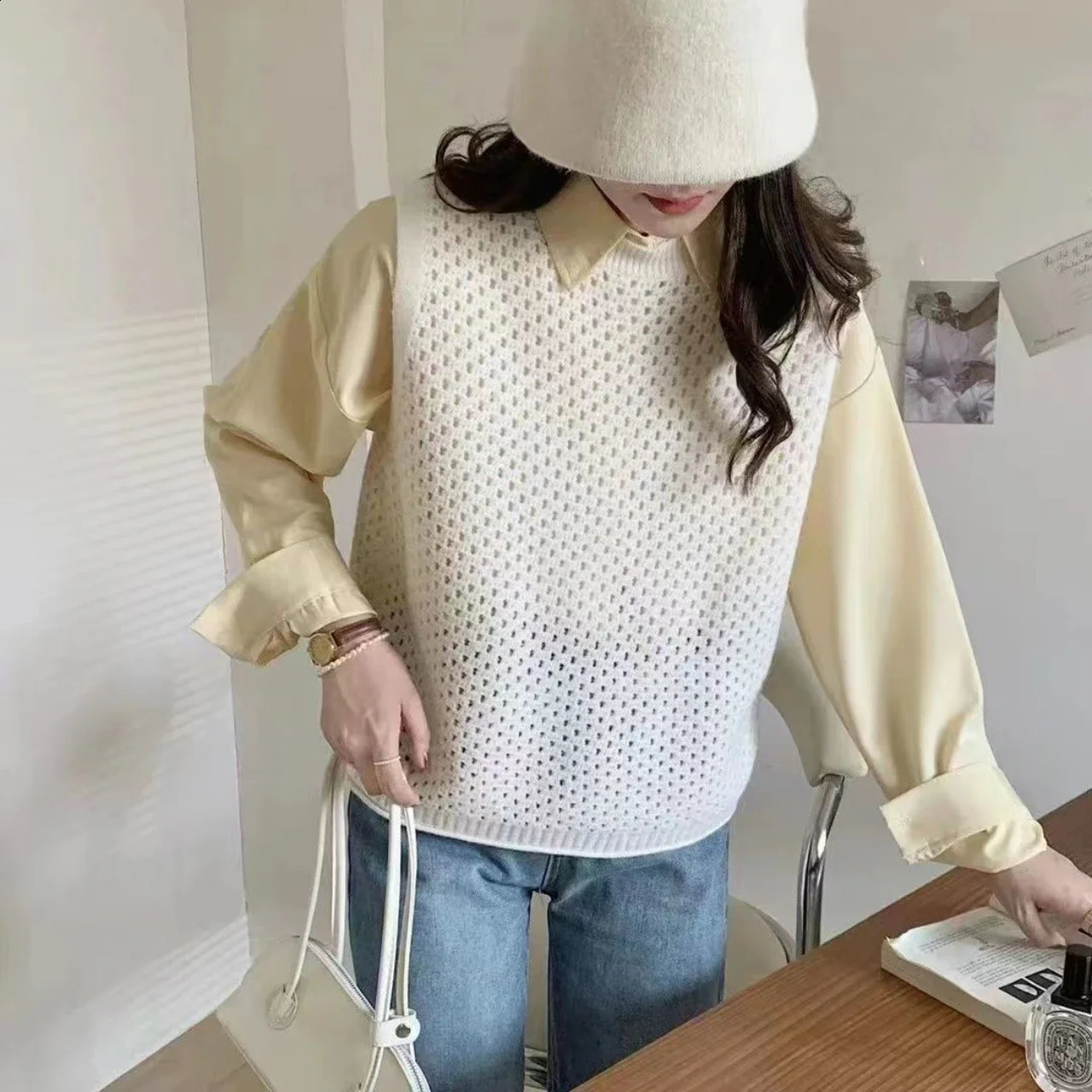 White Knit Tops for Woman Mesh Pink Womens Sweater Vest Round O Neck Autumn Winter 2024 Warm Y2k Vintage er Knitwear 240919