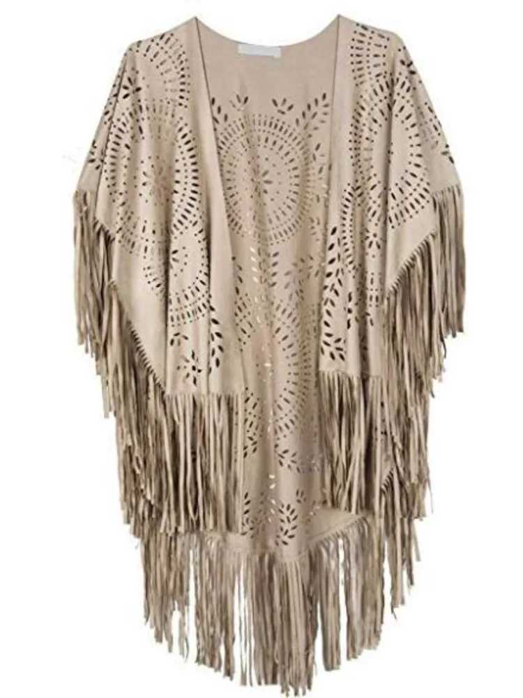2023 new camel suede flower hollow edge tassel shawl womens retro bohemian shawl raincoat beach cardigan bohemian cape W240921