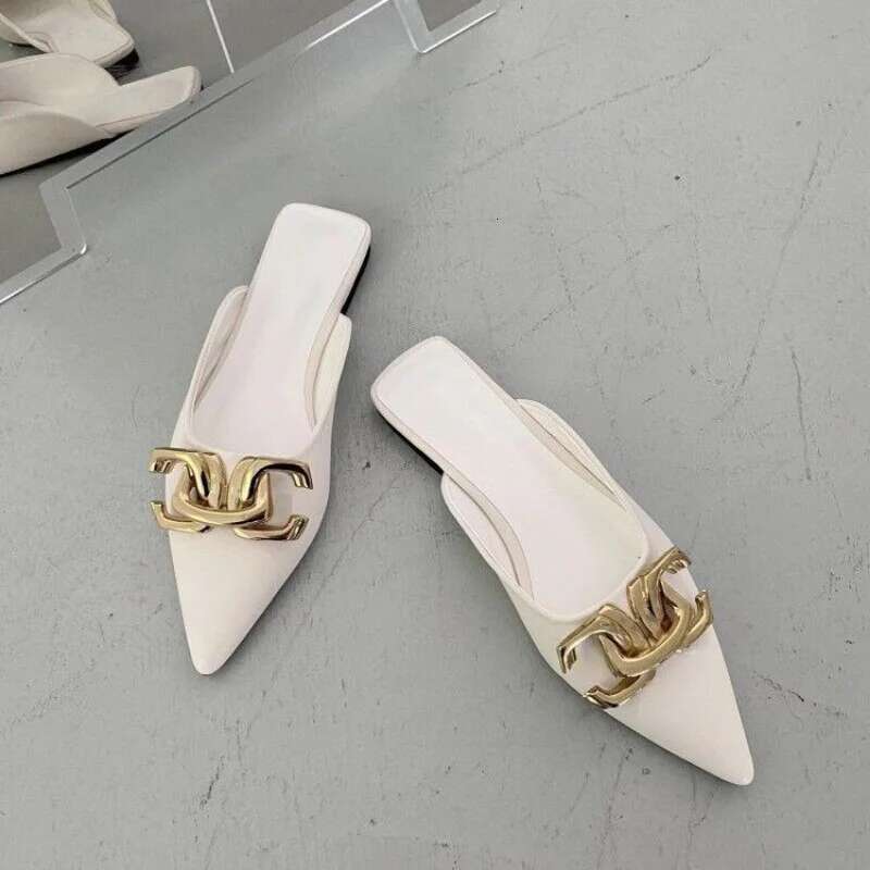 Mules Women Plus Size 42 Summer Fashion Metal Chain Flats Pointed Toe Women's Slippers Ladies Casual Shoes Outside Slides