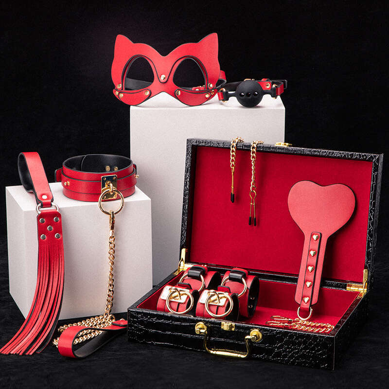 Sex toys SM props binding bondage eight piece set PU leather eye mask binding handcuffs collar whipping leather whip hair replacement