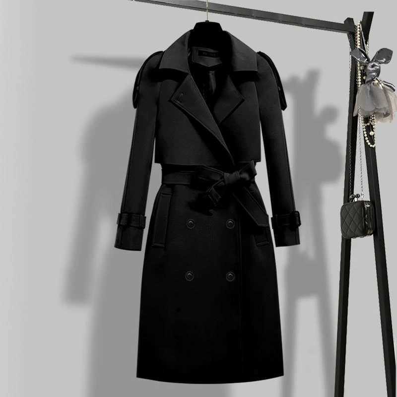 Womens Long Coats with Belt Autumn Korean Windbreaker Ladies Double-breasted Solid Khaki Adjustable Waist Trench Coat for WomenX240921