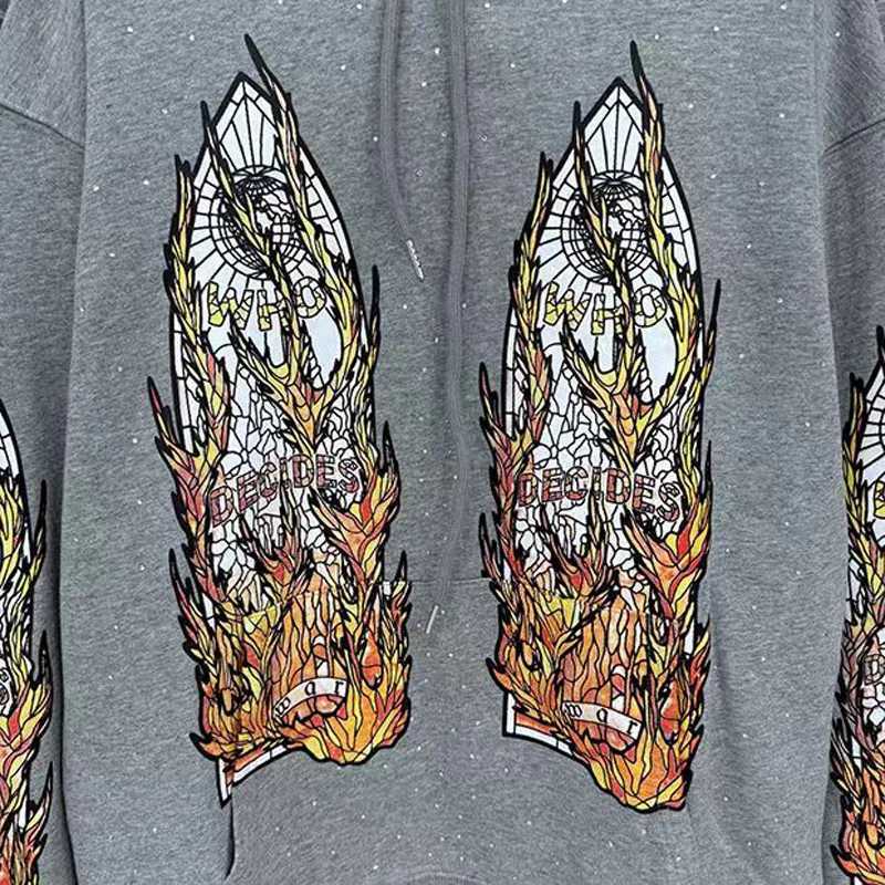 Men's Hoodies Sweatshirts High Street WDW Hoodies Autumn/Winter New Fashion Flame Creative Printing Washing Puller Who Decids War Sweatshirts J24