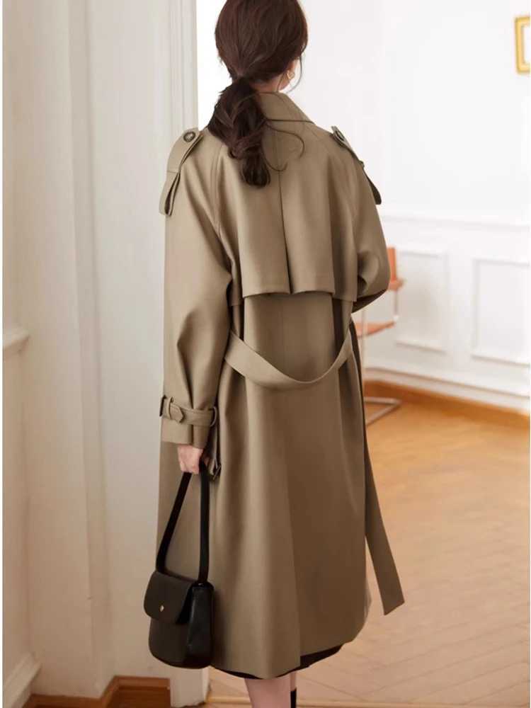 Khaki Double Breasted Long Trench Coats Women Casual Loose Korean Gabardina New Lapel Classic Oversized Windbreaker JacketsX240921