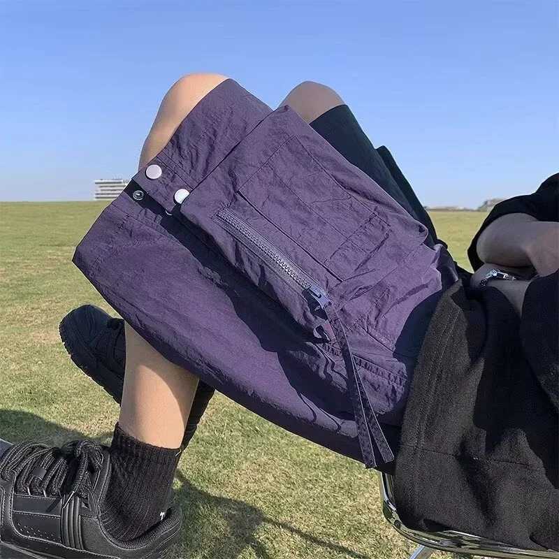 Summer Drawstring Cargo Shorts For Men High Street Pocket Baggy Bermudas Homme Casual Purple Y2K Streetwear Sweatpant ShortsX240921