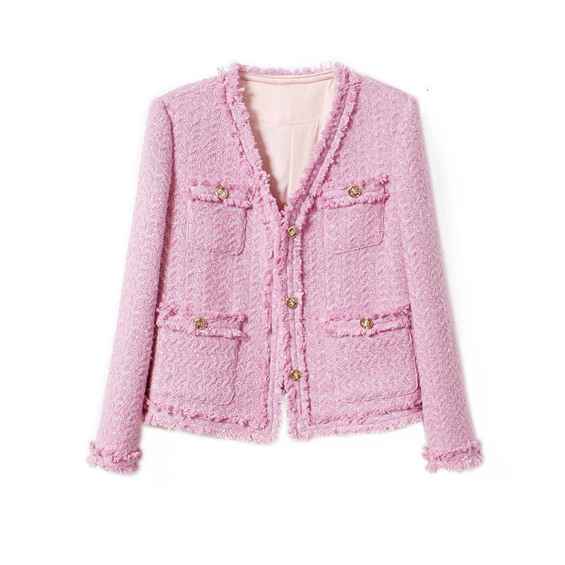 Fashion Korean Tweed Pink Jacket For Women Autumn Winter 2024 New Vintage Long Sleevehigh Quality Coat Female Cloth Outwear Tops