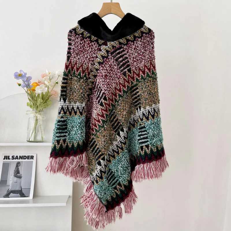 Autumn and Winter Shawl National Knitted Cloak Womens New Lanhua Cloak Tassel Warm Shawl Imitation Wool Collar Raincoat W240921