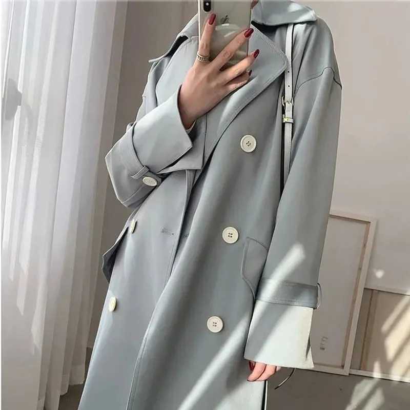 Korean Elegant Mid-length Apricot Light Blue Windbreaker With Sashes Women Autumn Lapel Double Breasted Long Sleeve Trench CoatX240921