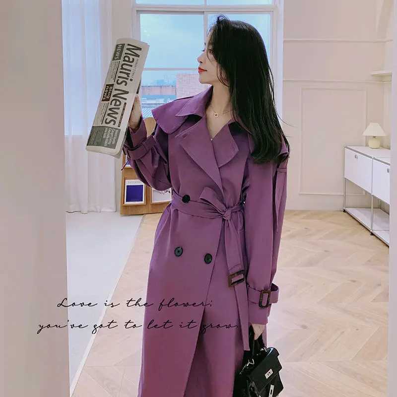 Purple Womens Windbreaker Baggy 2024 Spring Autumn New in Outerwears England Style Mantle Trenchcoat Long Jackets Lace Up CoatsX240921