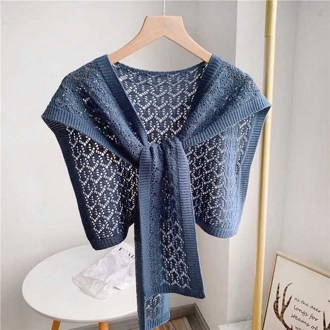 Fashion Korean Knot Knitted Shawl Womens Hollow Coat Shawl Spring Autumn Shoulder Net Red Shawl Blue W240921