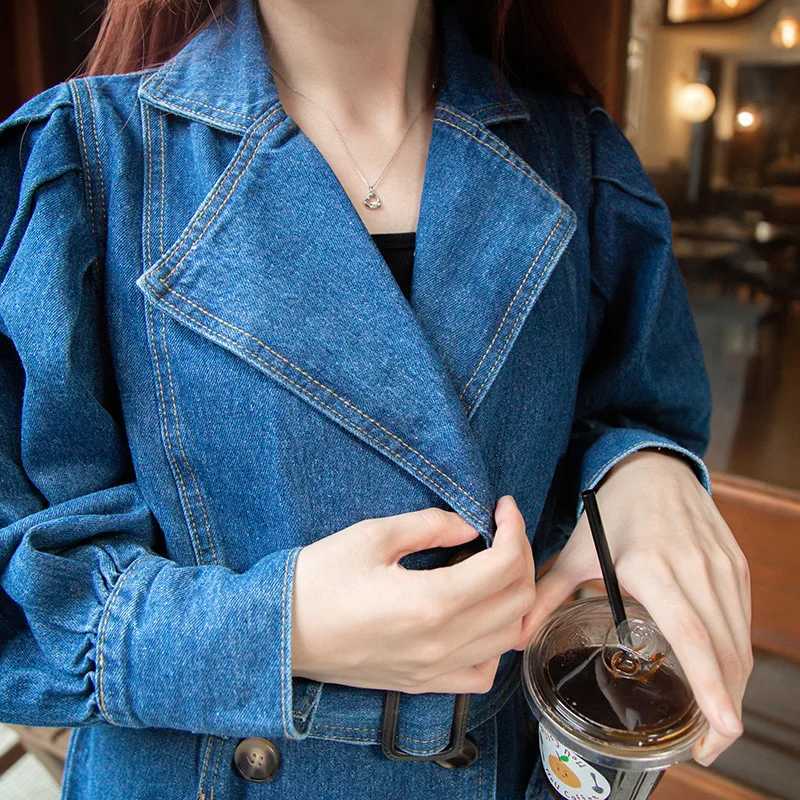 2023 New Spring Autumn Denim Long Trench Coats For Womens Clothing Double-breasted Slim Vintage Jeans Windbreaker Tops bd635X240921