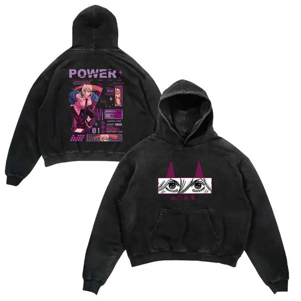 Anime chainsaw mens retro washed hooded sweatshirt black Danji print retro W240921