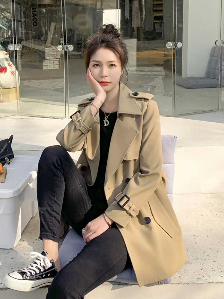 Khaki Tailored Collar Jackets Womens Korean Senior Solid Color Outdoor Slim Windbreaker Coats Female Spring Fashion ClothingX240921