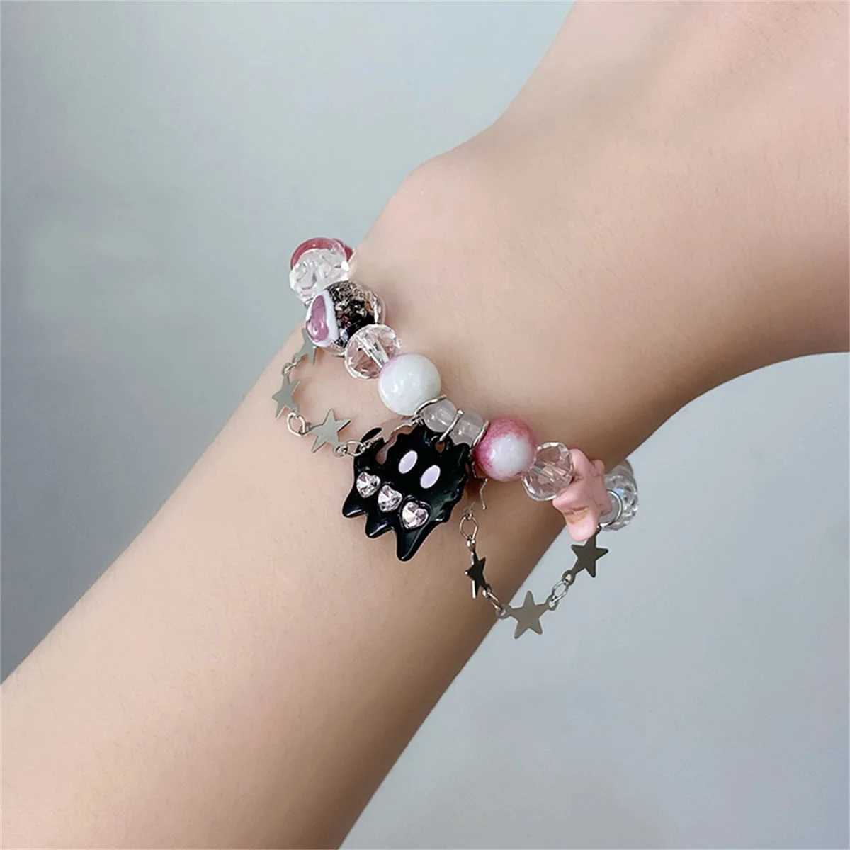 Harajuku Resin Imitation Pearl Star Beaded Bracelets For Women Vintage Aesthetic Charm Double Layer Star Chain Bracelet JewelryXJ241214