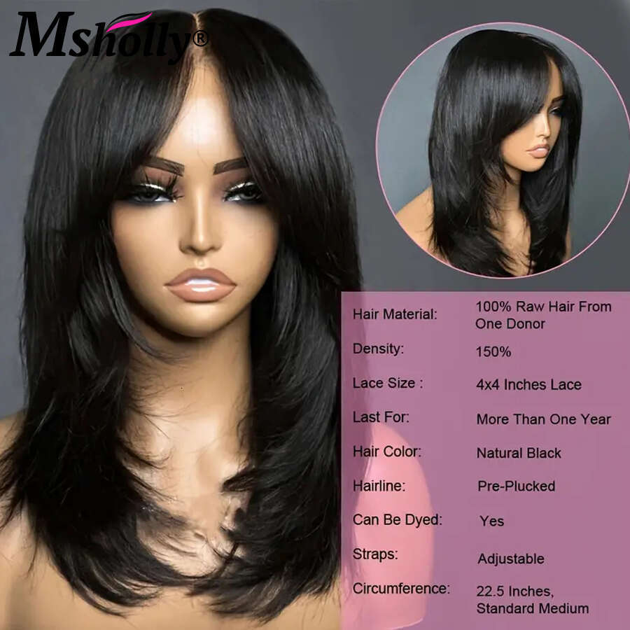 Inspired Layers With Curtain Bangs Wavy 4x4 Glueless 100% Human Hair Wigs Free Part Clear Lace Preplucked Wig For Women