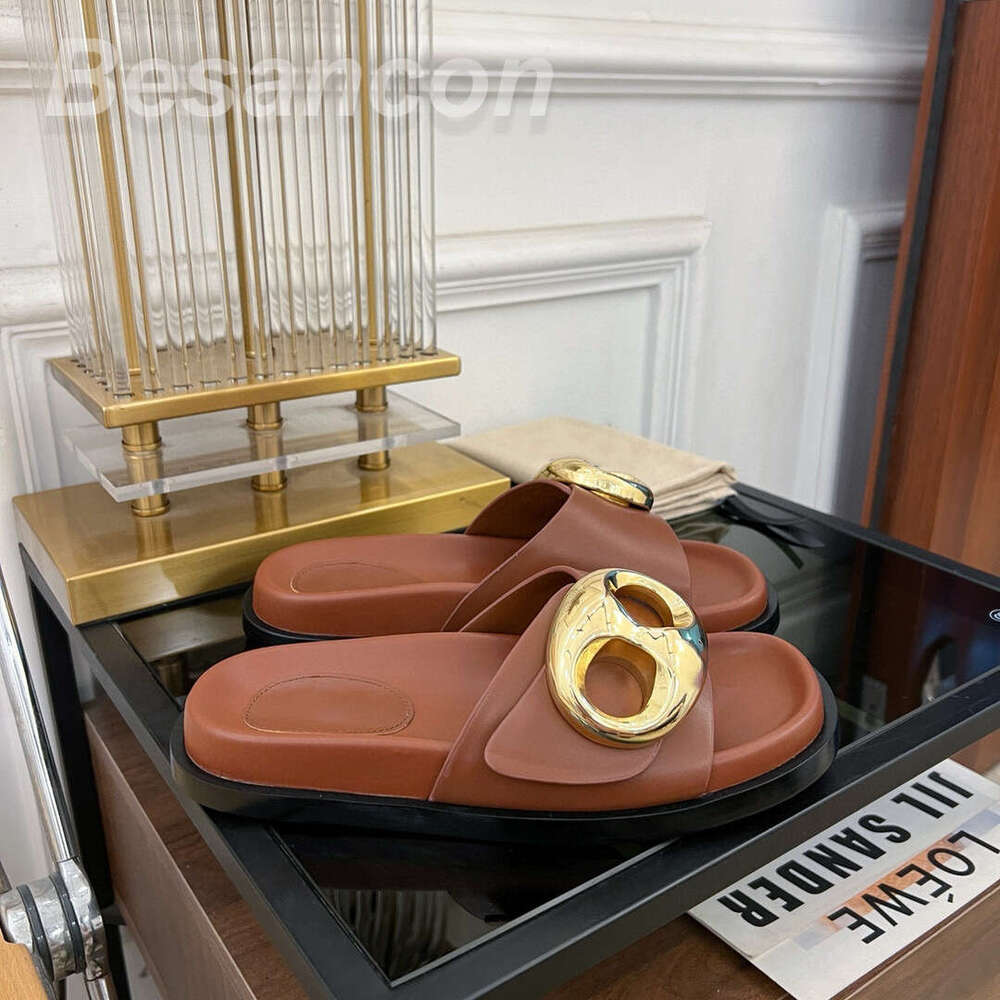 Women's Flat Slippers Leather sole Top quality Guangzhou Outdoor Large metal buckle Comfortable Indoor Designer Shoes