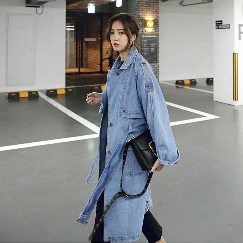 New Korean Loose Slim Denim Trench With Belt Waist Retraction Womens Spring Autumn Mid Length Single Breasted Wrap Fashion CoatX240921