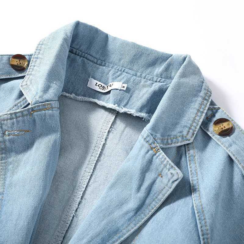 Blue Long Denim Trench Coat With Belt Womens Single Breasted Style Turn-down Collar Denim Jacket Spring Autumn Winter NewX240921