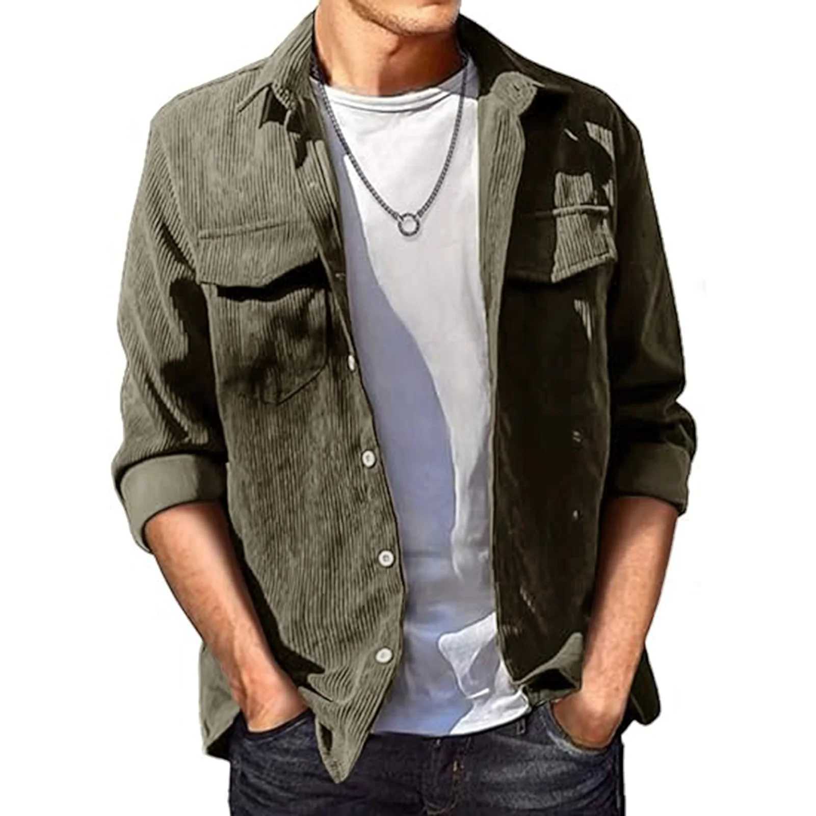 Mens Corduroy Button Down Shirts Long Sleeves Classic Corduroy Shirt Jacket Gift for Christmas Birthday M240921