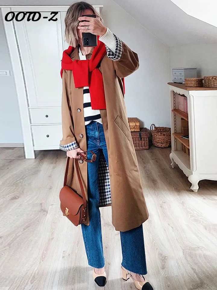 Women Plaid Lined Long Windbreakers Loose Lapel Single Breasted Long Sleeve Female Jackets 2024 Autumn Vintage Lady CoatsX240921