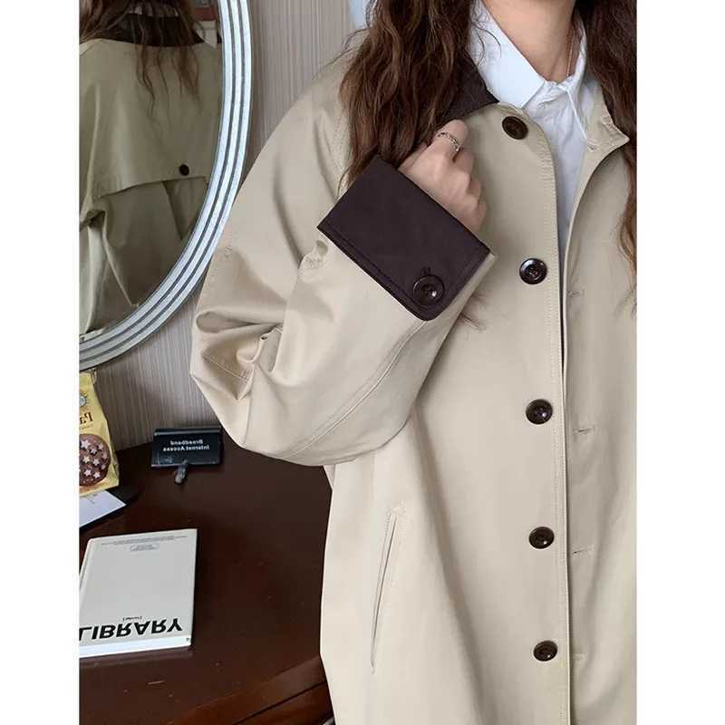 Korean College Style Vintage Medium-length Trench Coat Jacket for Women Fashion Chic Single Breasted Lapel Loose Beige OuterwearX240921