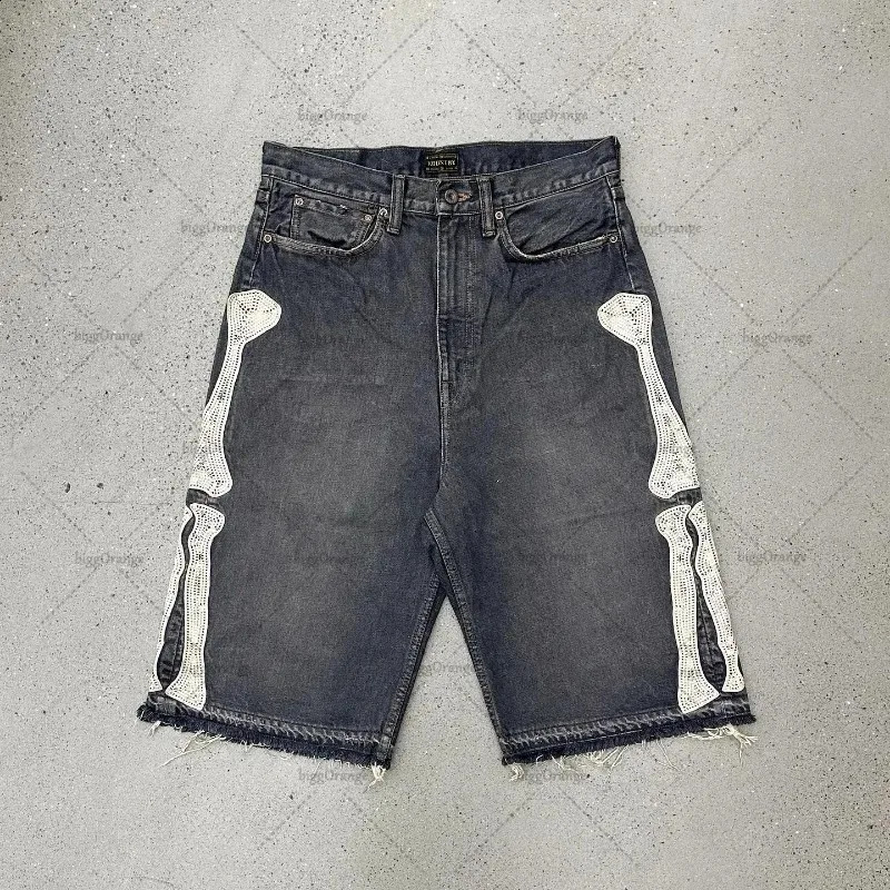 2024 European and American Summer Retro Skeleton Denim Shorts Sports Casual Shorts Couple Wear Street Wear FiveFifth Pants 240921