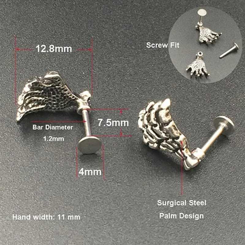 Skull Devil Hand Lip Piercing Jewelry Skeleton Labret for Women Men Palm Stud Earrings Christmas Gift Hot Unique Punk Metal 1pc Y240921