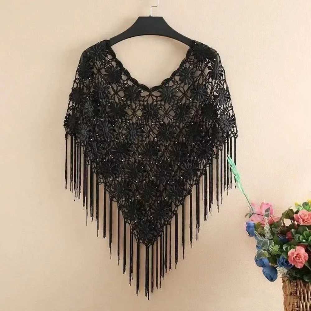 Thin crochet knitted Cape Town womens fashionable ethnic style jacket womens clothing tassel shawl raincoat womens summer bag jacket W240921
