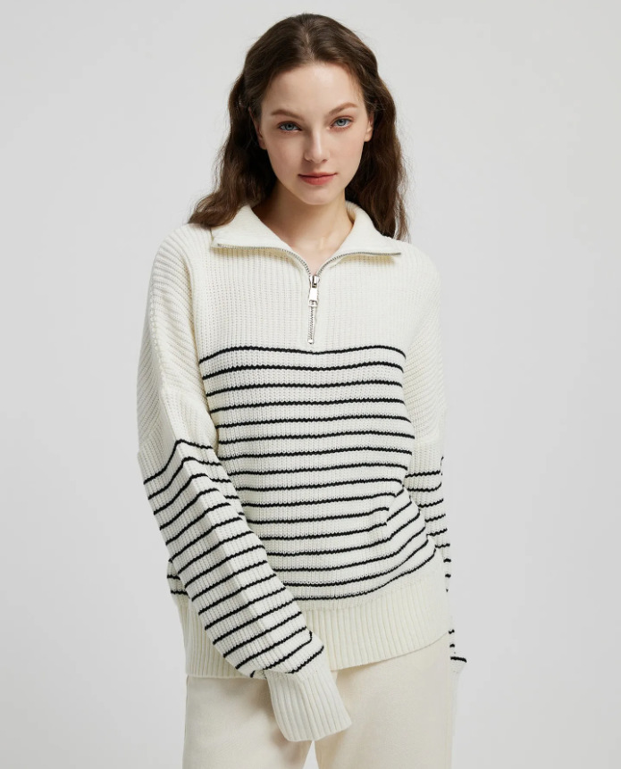 2024 Autumn/Winter New Women's High Collar Striped Color blocked Long Sleeve Zipper Pullover Knitted Sweater