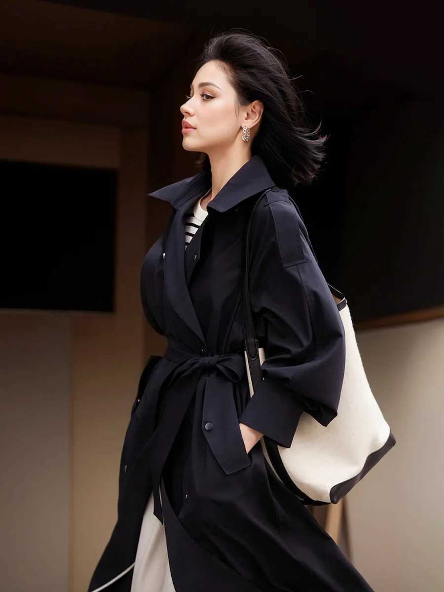 Black Windbreaker Women Mulberry Silk Heavenly Silk Coat Mid length 2024 Autumn New Comfortable Casual Loose Apricot WindbreakerX240921