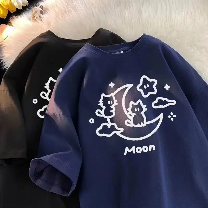 2024 Summer Personalized Street Trendy Casual Couple Plus Size Short Sleeve Korean Cartoon Cat Printed Women's Pattern T-shirt Top Free Shipping