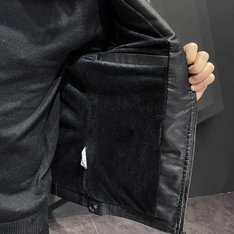 Spring and summer mens jacket casual motorcycle windproof and warm stand collar PU leather jacket mens slim fit plush coat W240918