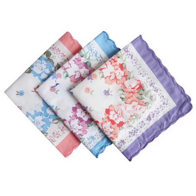 3Pcs 30x30cm Classic Flower Printed Cotton Women Hankies Lace Hanky Ladies Scarf Pocket HankerchiefX240921